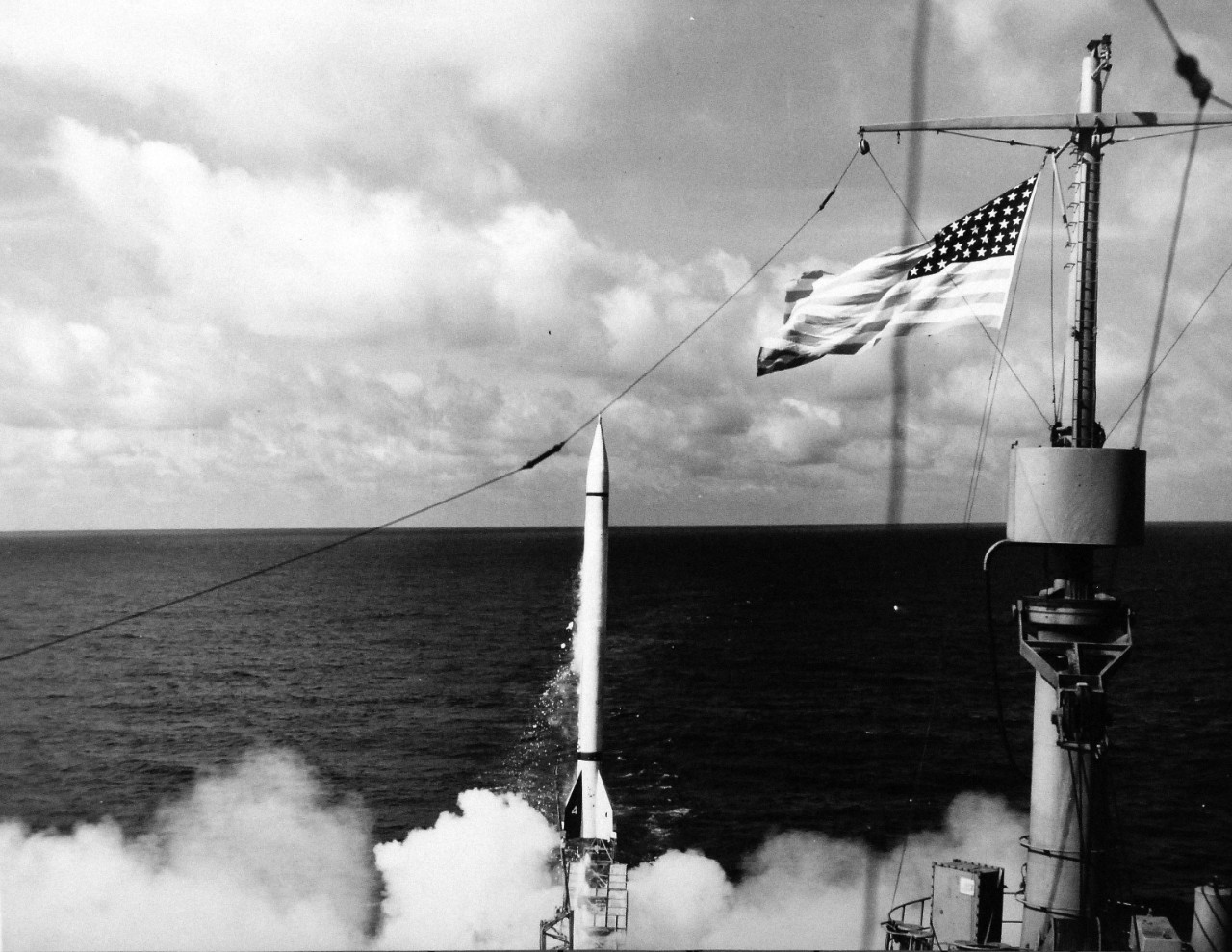 330-PS-285-2:  USS Norton Sound (AV 11), Viking No.4, being shot on May 10, 1950. It ascended to an estimated distance of 106.4 statue miles after being fired from the ship.  It was the first time the Viking, largest U.S. Navy upper atmosphere research rocket was fired from a ship.   Official U.S. Navy Photograph, now in the collections of the National Archives.  