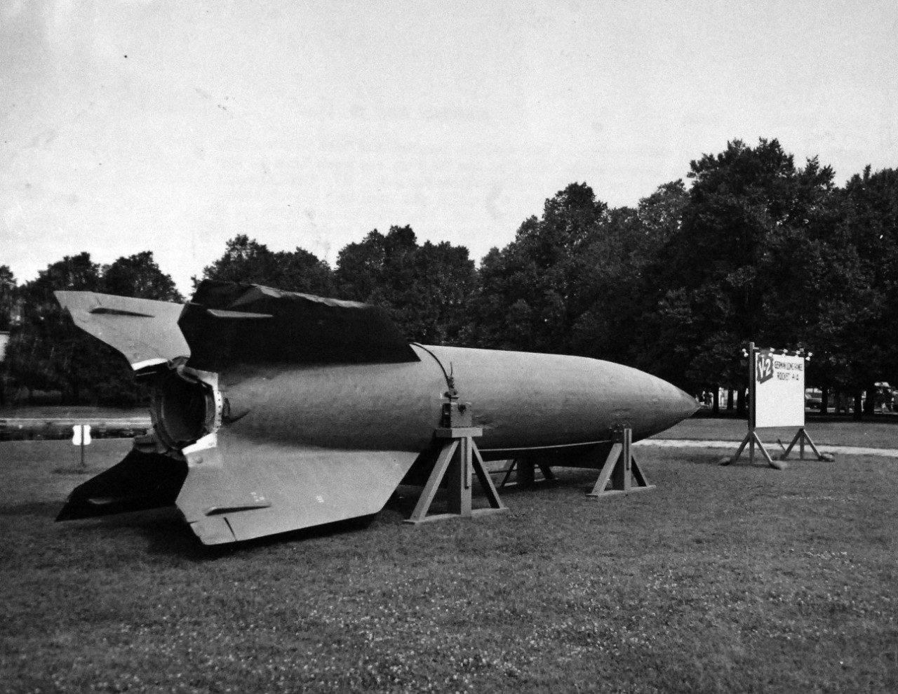 80-G-49884:   German V-2 Rocket being shown by the U.S. Navy in Washington, D.C.   This bomb measured 45’ in length and was captured intact near Nordhausen, Germany.   Photograph released July 10, 1945.  Official U.S. Navy Photograph, now in the collections of the National Archives.  
