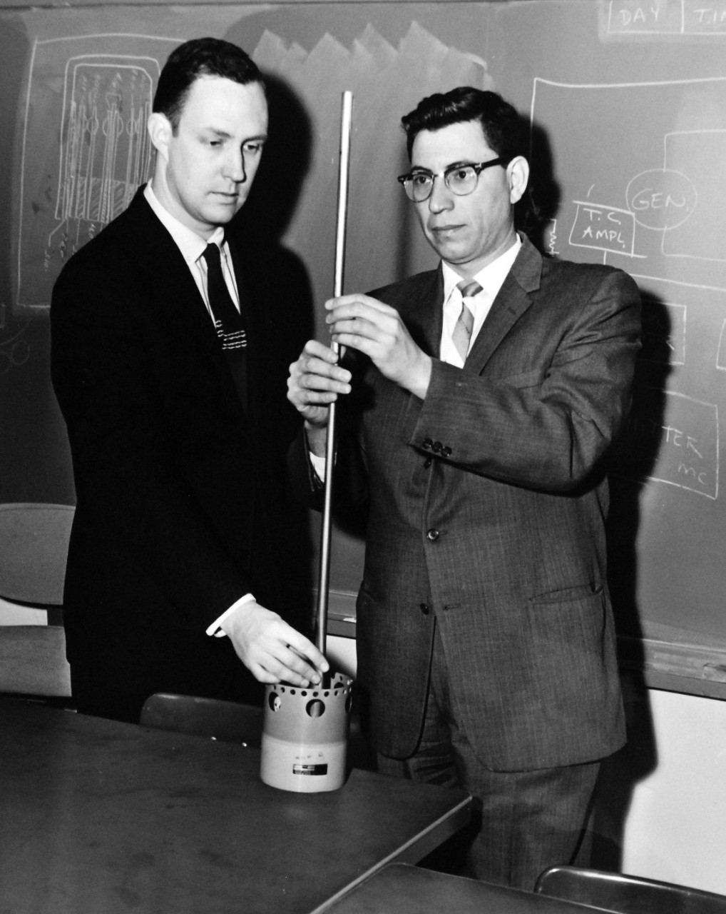 USN 711326:  Applied Physics Laboratory scientists Frederick Mobley, (left), and Robert E. Fischell withdraw section of gravity stabilization boom from canister in which it was later launched atop a Navy satellite.  The boom was released in orbit to its full length of 100 feet, with a 40-foot helical damping spring and small-end weight attached.  Release of the boom distributed the mass of the satellite in the form of a dumbbell, causing it to be stabilized by the force of gravity with the axis of the boom facing downward.  The satellite is passively stabilized by the same forces which have kept the one side of the moon facing Earthward for eons.   Photograph released July 22, 1963.  Official U.S. Navy Photograph, now in the collections of the National Archives.  