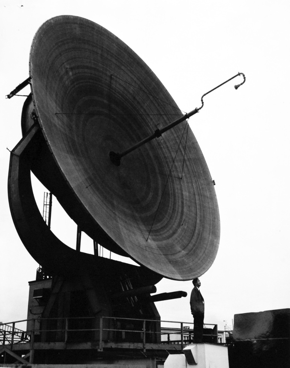 USN 709931:   600-Inch Radar Telescope.   Radar astronomers at the Naval Research Laboratory are using this 600 inch radar telescope to make direct measurements of the distance from the Earth to the Moon.  Benjamin S. Yaplee and his associates in the radio astronomy branch of the laboratory “bounced” super-high frequency (3000 megacycles) radar signal off the moon with this installation on February 24, 1957.  More precise information on relative sizes of the Earth and Moon may be derived with this scientific tool, September 3, 1957.  (Official U.S. Navy photograph, now in the collection of the National Archives.   