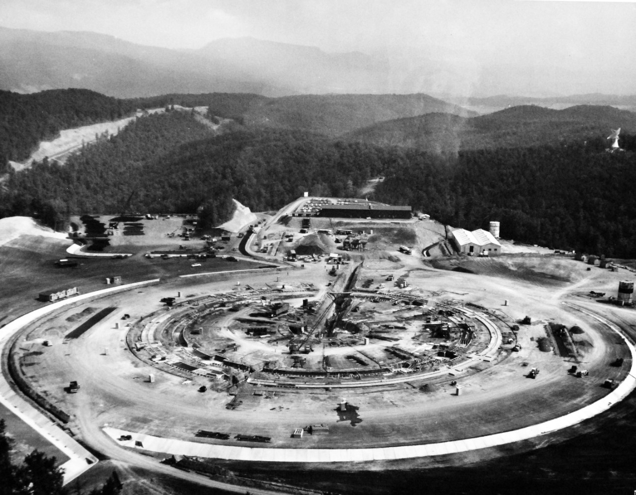 USN 710537:   Construction on the Gigantic Radio Telescope at Sugar Grove, West Virginia, September 1959.   Note, building was halted in 1962 and was never completed.   Official U.S. Navy Photograph, now in the collections of the National Archives.  