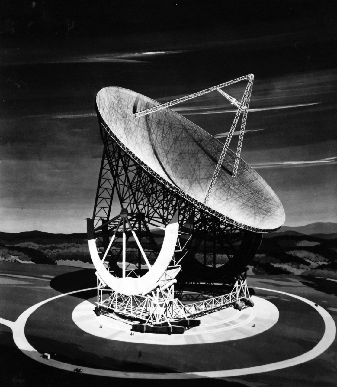 USN 710538:   Gigantic Radio Telescope Being Constructed for the U.S. Navy, 22 September 1959.   The world’s largest radio telescope being constructed for U.S. Navy, near Sugar Grove, West Virginia, after scheduled completion in 1962.  The 20,000 ton facility, to be known official as Naval Radio Research Station, will give the U.S., the world’s most powerful “ear on the universe.”  It will enable Navy scientists to tune in on the radio signals emitted by astral bodies in 19 times the distance probed by the 200-inch optical telescope at Mount Palomar, California, the instruments aluminum mesh reflector dish will have a 600-foot diameter, twice the length of a football field, and an area exceeding seven acres, rotation of the huge arcs supporting the dish complex will elevate the reflector at any angle above the horizon the entire structure will rotate on rollers riding circular tracks on the ground.   Thus, the dish can be aimed at any point in the sky above the horizon.  The telescope will be electronically controlled from a nearby laboratory operations building.  Contracting agency is Bureau of Yards and Docks acting for Naval Research Laboratory whose scientists formulate basic specifications and other criteria after years of intensive research.  This artist’s conception shows the world’s largest radio telescope now being erected by the U.S. Navy on a 1,500 acre size near Sugar Grove, West Virginia.  The $79,000,000 facility is being designed by Grad, Urbahn, and Shelye, New York Architects Engineers.  The telescopes immensity may be gauged by comparison with drawn to scale to people and vehicle in the photograph.  Note, building was halted in 1962 and was never completed.   Official U.S. Navy Photograph, now in the collections of the National Archives.  