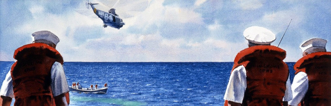 88-162-N:   Gemini 11 Spacedraft Recovery.   Painting, Watercolor on paper by Gene Klebe, 1966.   Crew members from USS Guam (LPH-9) stand on deck to watch the recovery of command module of Gemini 11.   Courtesy of the NHHC Navy Art Collection.  