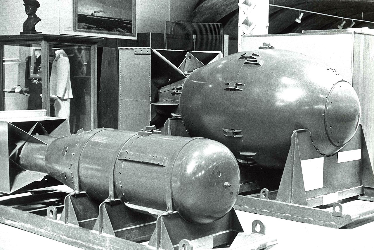 NMUSN-2751: Little Boy and Fat Man, 1970s. On display in the weapons area. National Museum of the U.S. Navy Photograph Collection.
