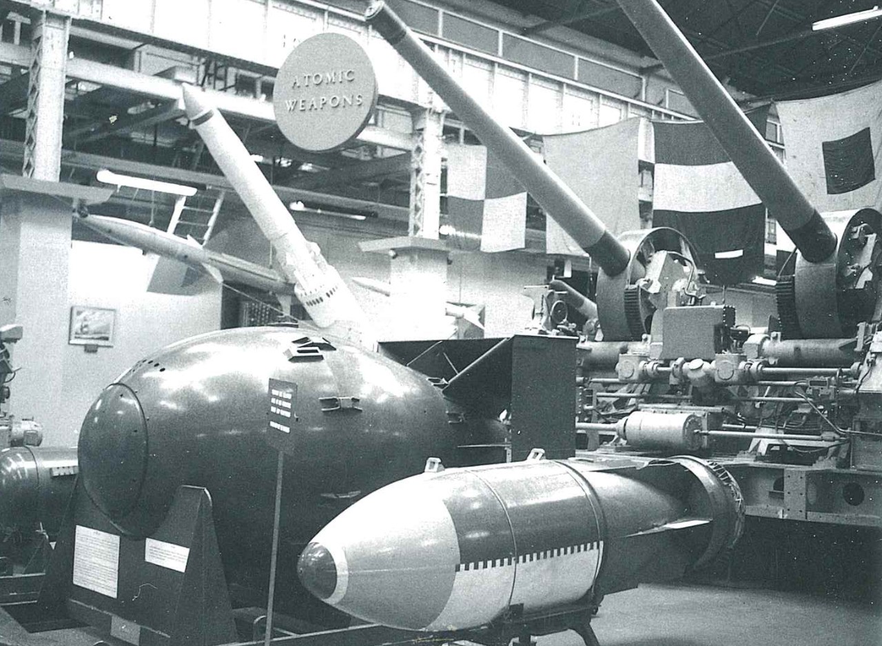 NMUSN-3456: Weapons Section, June 26, 1973. Shown: Fat Man and the Betty Bomb, along with the 5” Twin Gun Mount Behind. National Museum of the U.S. Navy Photograph Collection.