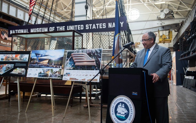 WASHINGTON NAVY YARD (April 13, 2023) Secretary of the Navy Carlos Del Toro unveils conceptual renderings from five architecture firms at the National Museum of the U.S. Navy, finalizing the Navy's Artistic Ideas Competition. The competition is an effort by Naval History and Heritage Command to explore the full range of possibilities for the future National Museum of the U.S. Navy. Now in the conceptual stage, the Navy envisions the future museum with greater public access, a new building, ceremonial courtyard and potential renovation of existing historical buildings. (U.S. Navy photo by Mass Communication Specialist 1st Class Abigayle Lutz) (230413-N-FK318-1085)