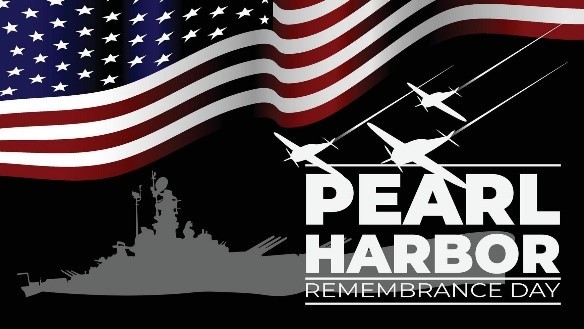 Pearl Harbor Remembrance Day logo featuring silhouette of planes descending on a ship. An American flag is draped over the top left side of the logo. 