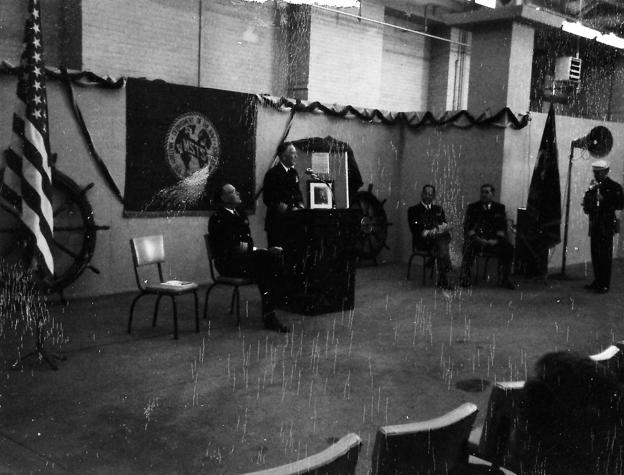 NMUSN-19:   USNS James M. Gilliss presentation at Naval Historical Display Center, Washington Navy Yard, Washington, D.C. December 14, 1962.    Vice Admiral Roay A. Gano, USN, gives remarks during the presentation at the Naval Historical Display Center (now the National Museum of the U.S. Navy).    Rear Admiral Arthur R. Gralla and Captain Slade D. Cutter are to the right.  This presentation was the first official ceremony held at the Display Center.    The director at the time was World War II veteran, Captain Slade. D. Cutter, USN.  National Museum of the U.S. Navy Photograph Collection.    