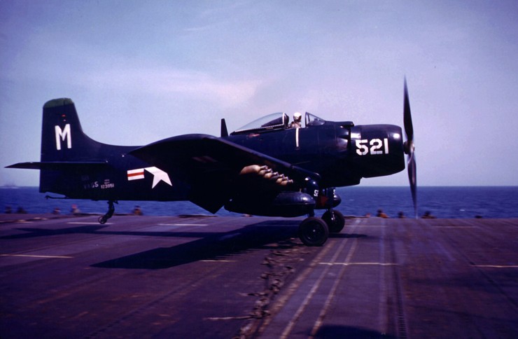 Photo of AD-4 Skyraider launching from USS Philippine Sea for a combat mission over Korea.