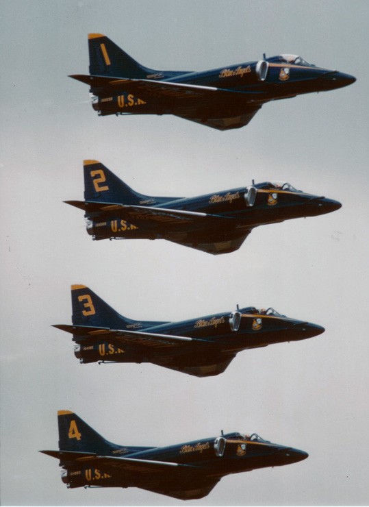 Photo of Blue Angels A-4 Skyhawks flying in formation