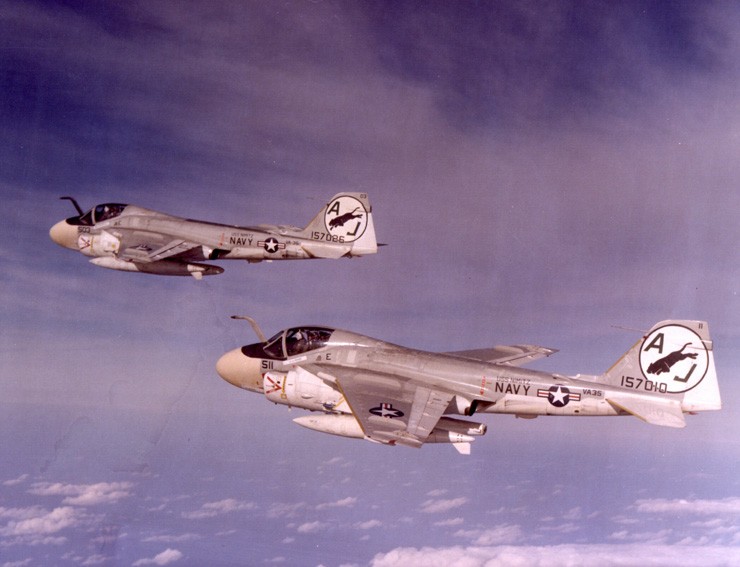 Photo of two A-6 Intruder aircraft in flight.