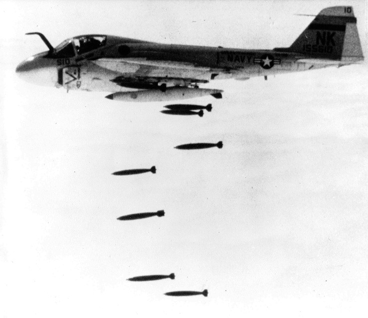 Photo of bombs being released by the museum's A-6 Intruder aircraft over North Vietnam. 