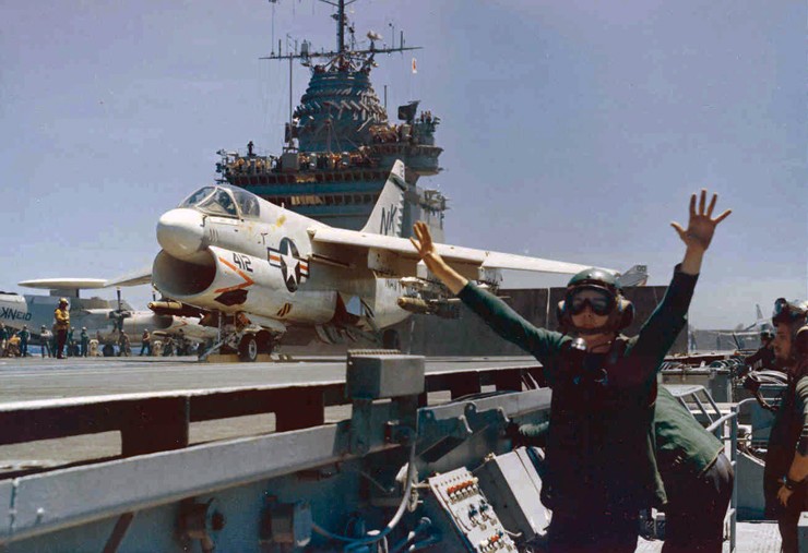 Photo of A-7E Corsair II aircraft launching from USS Enterprise for strike against targets in North Vietnam