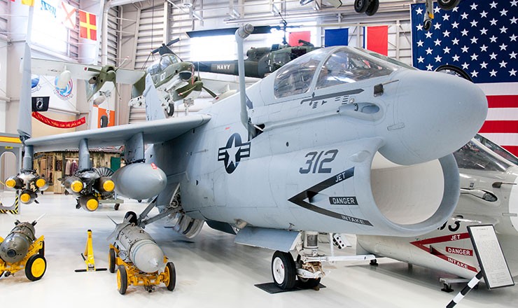 Photo of the museum's A-7E Corsair II on display in Hangar Bay One.