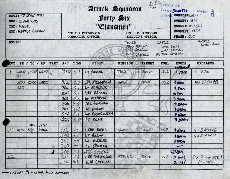 Photo of page from daily flight summary for the first night of Operation Desert Storm