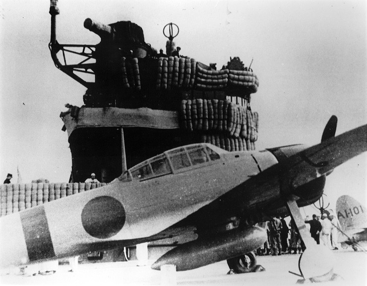 Photo of an A6M2 Zero fighter on the flight deck of the Japanese aircraft carrier Akagi