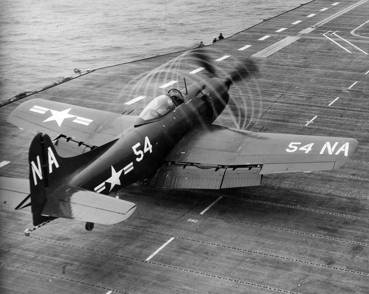 Photo of AM-1Q Mauler aircraft launching from the aircraft carrier USS Kearsarge