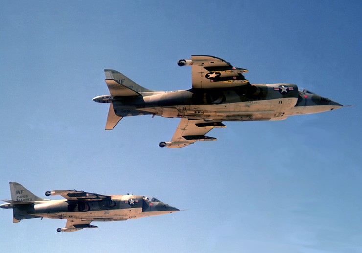Photo of AV-8A Harriers in flight.