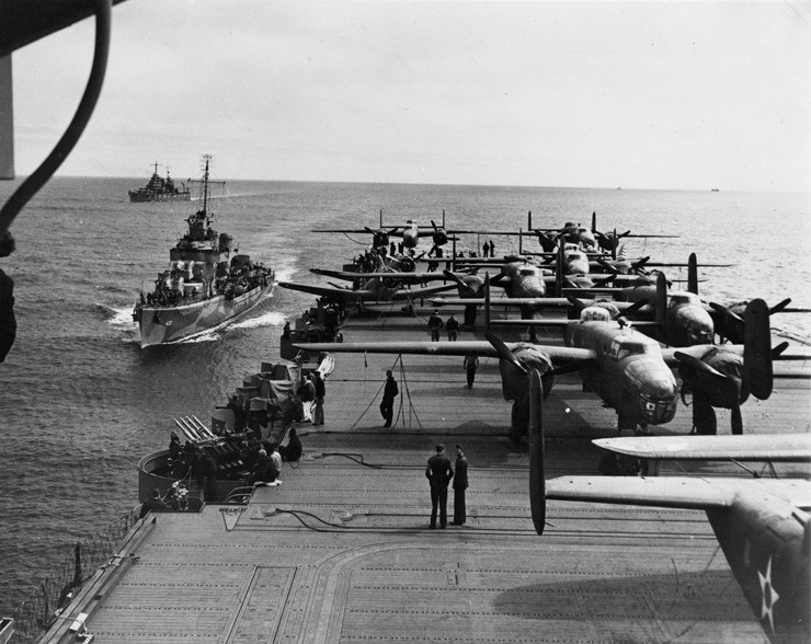 Photo of B-25B Mitchell bombers on the flight deck of the aircraft carrier Hornet before the launching of the Doolittle Raid.