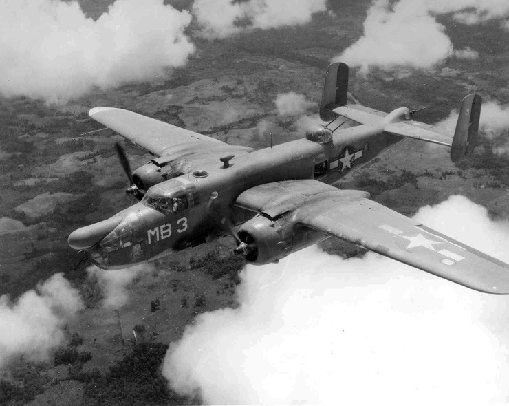 Photo of PBJ Mitchell bomber in flight during World War II.