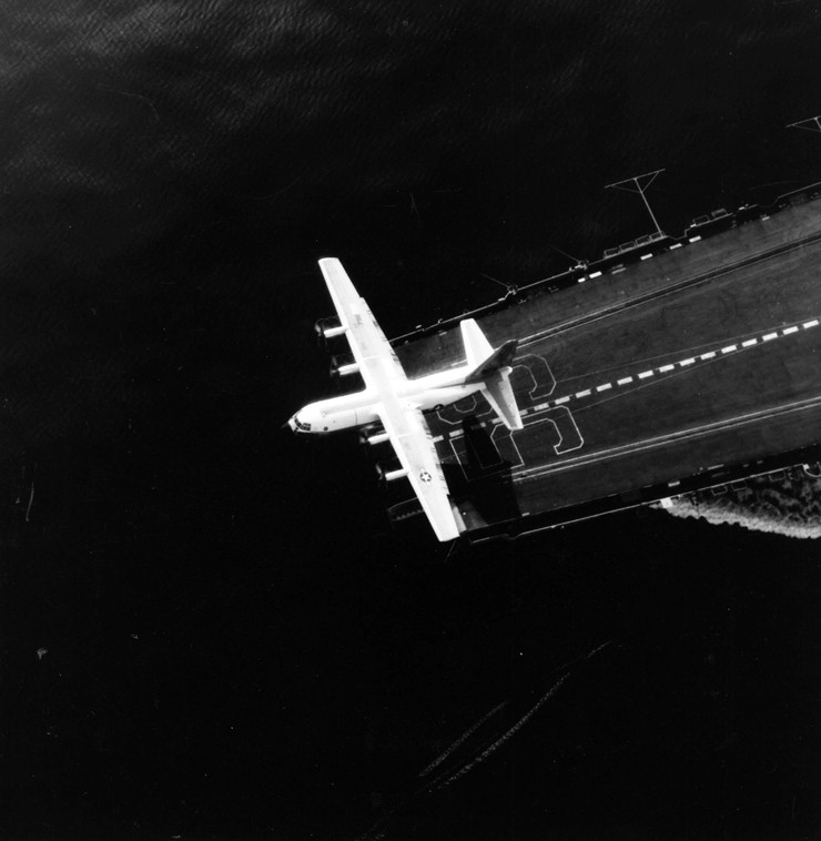 Photo of the KC-130F Hercules now on display at the museum launching from the aircraft carrier USS Forrestal in 1963.