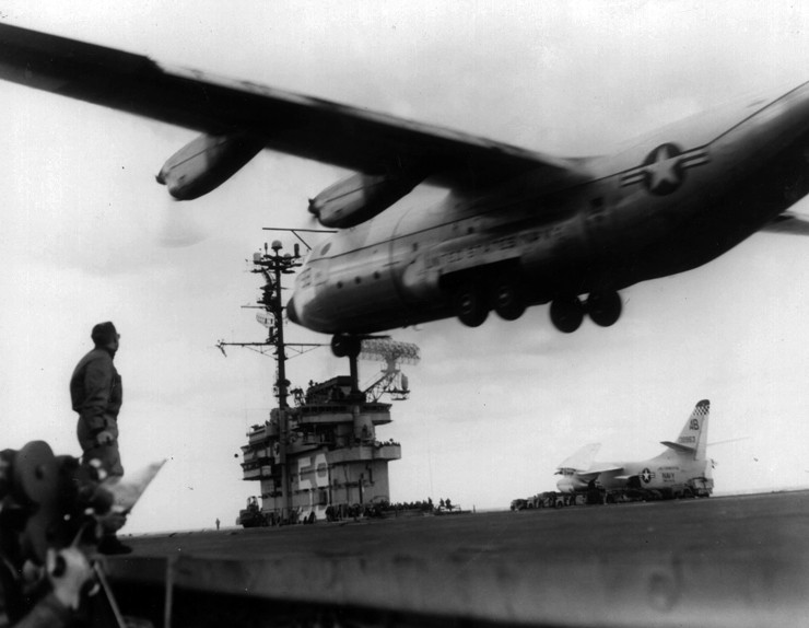 Photo of the KC-130F Hercules display at the museum operating on board the aircraft carrier Forrestal (CVA 59) in 1963.