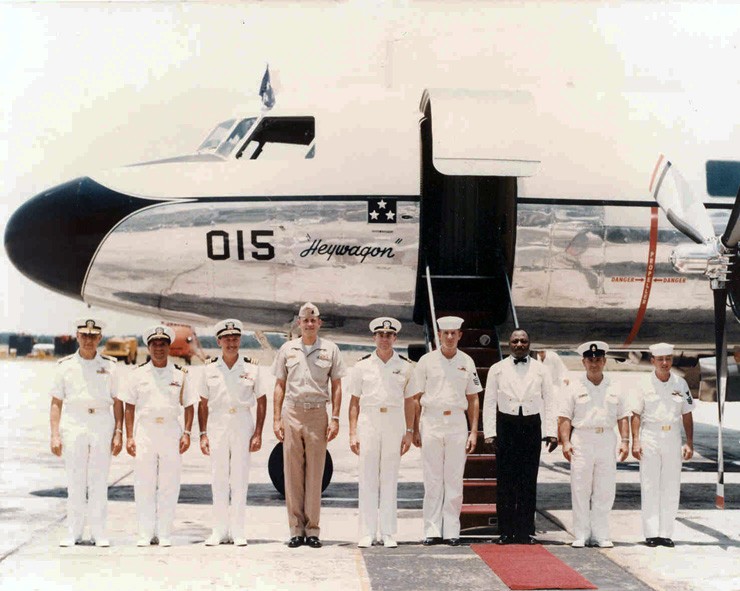 Photo of crew of "Heywagon," the C-131F aircraft now displayed at the museum when it servedas a flag transport for Vice Admiral Alexander Heyward.