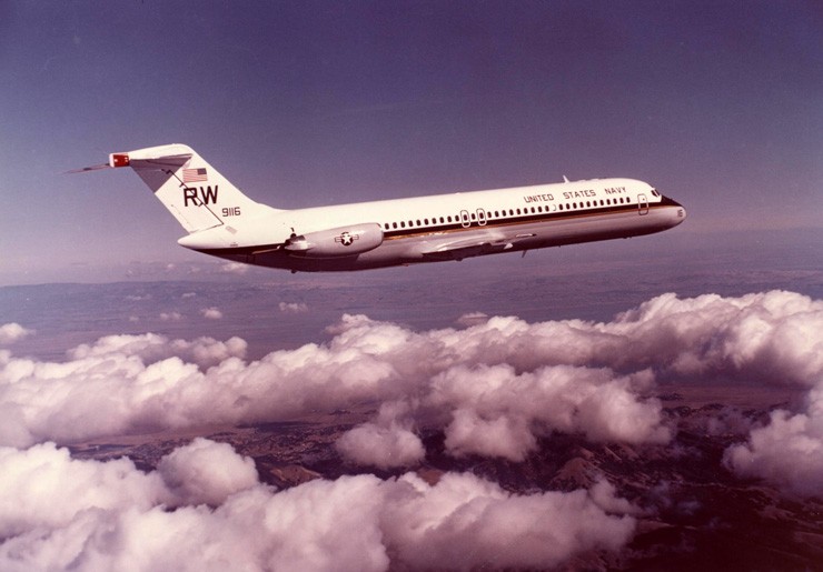 Photo of a C-9B Skytrain II logistics support aircraft in flight.