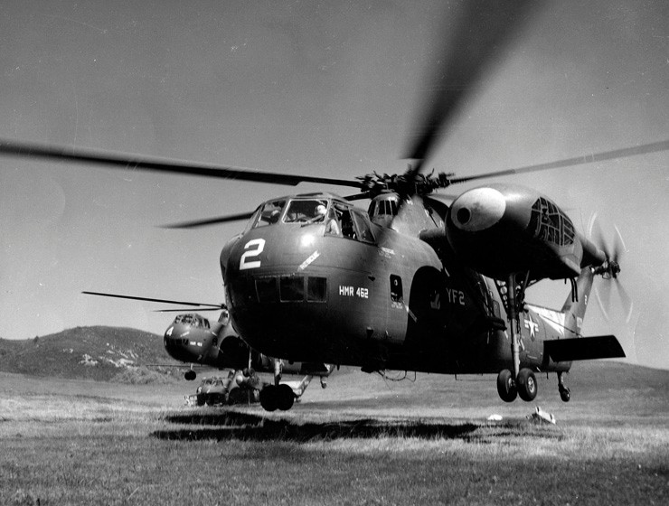 Photo of HR2S-1 Mojave helicopters participating in an amphibious warfare exercise in California during the 1950s.