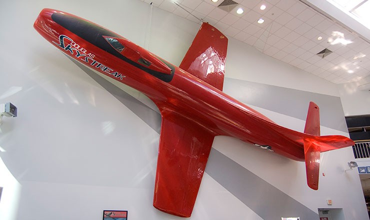 Photo of the museum's D-558-1 Skystreak in display.