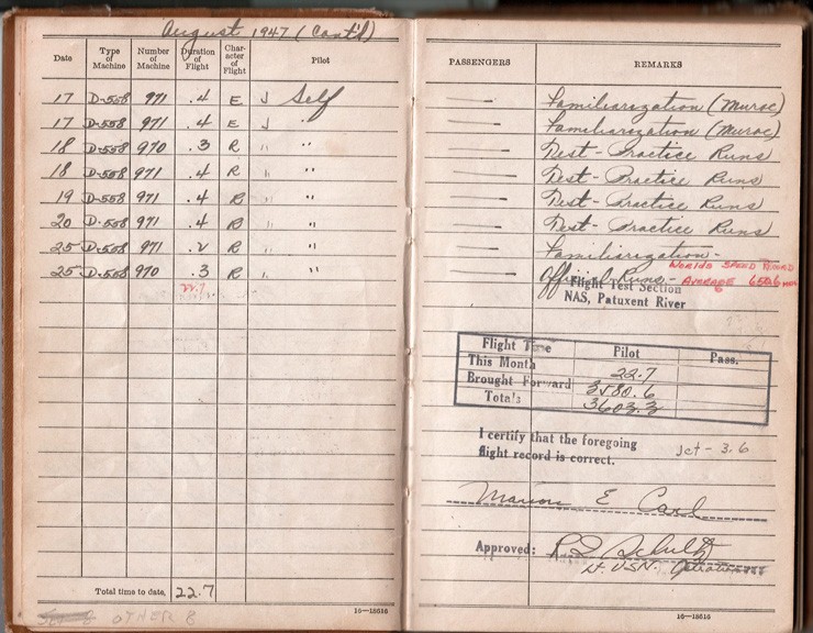 Photo of page from Lieutenant Colonel Marion Carl's Aviators Flight Log Book showing record-setting flight in D-558-1 Skystreak.