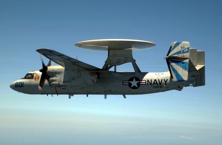 Photo of an E-2C Hawkeye in flight on a combat mission during Operation Enduring Freedom.  