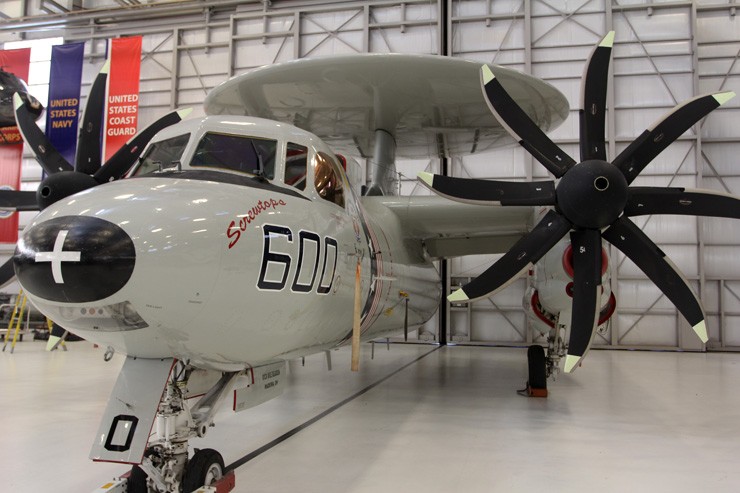 Photo of the museum's example of the E-2C Hawkeye on display.