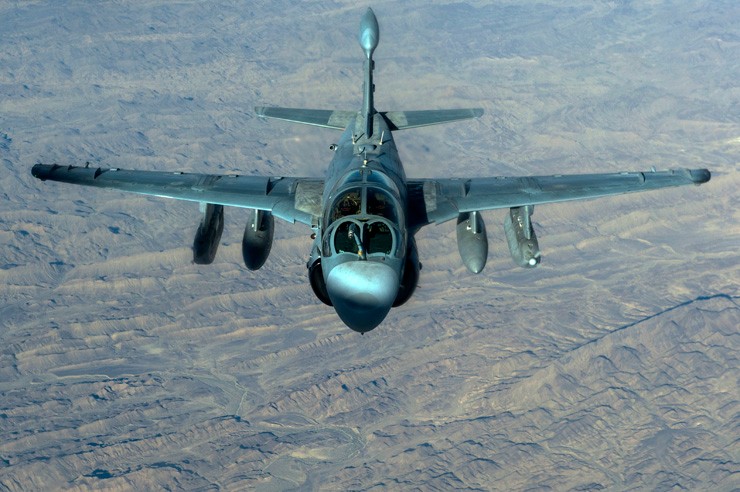 Photo showing a head-on view of an EA-6B Prowler over Afghanistan.