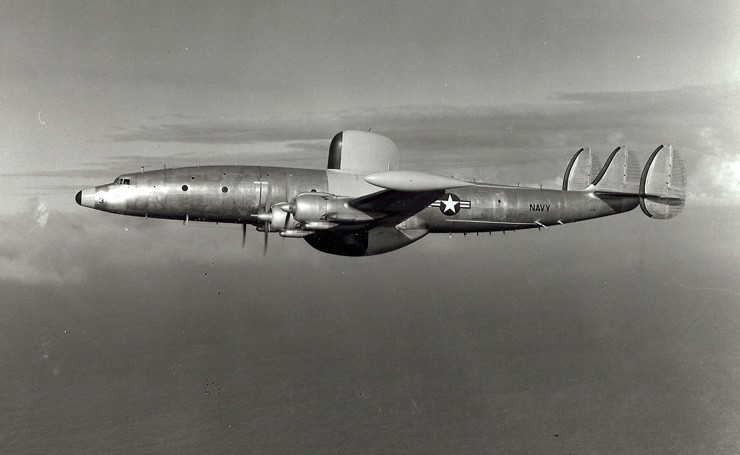 Side view of a WV-2 Warning Star aircraft in flight.