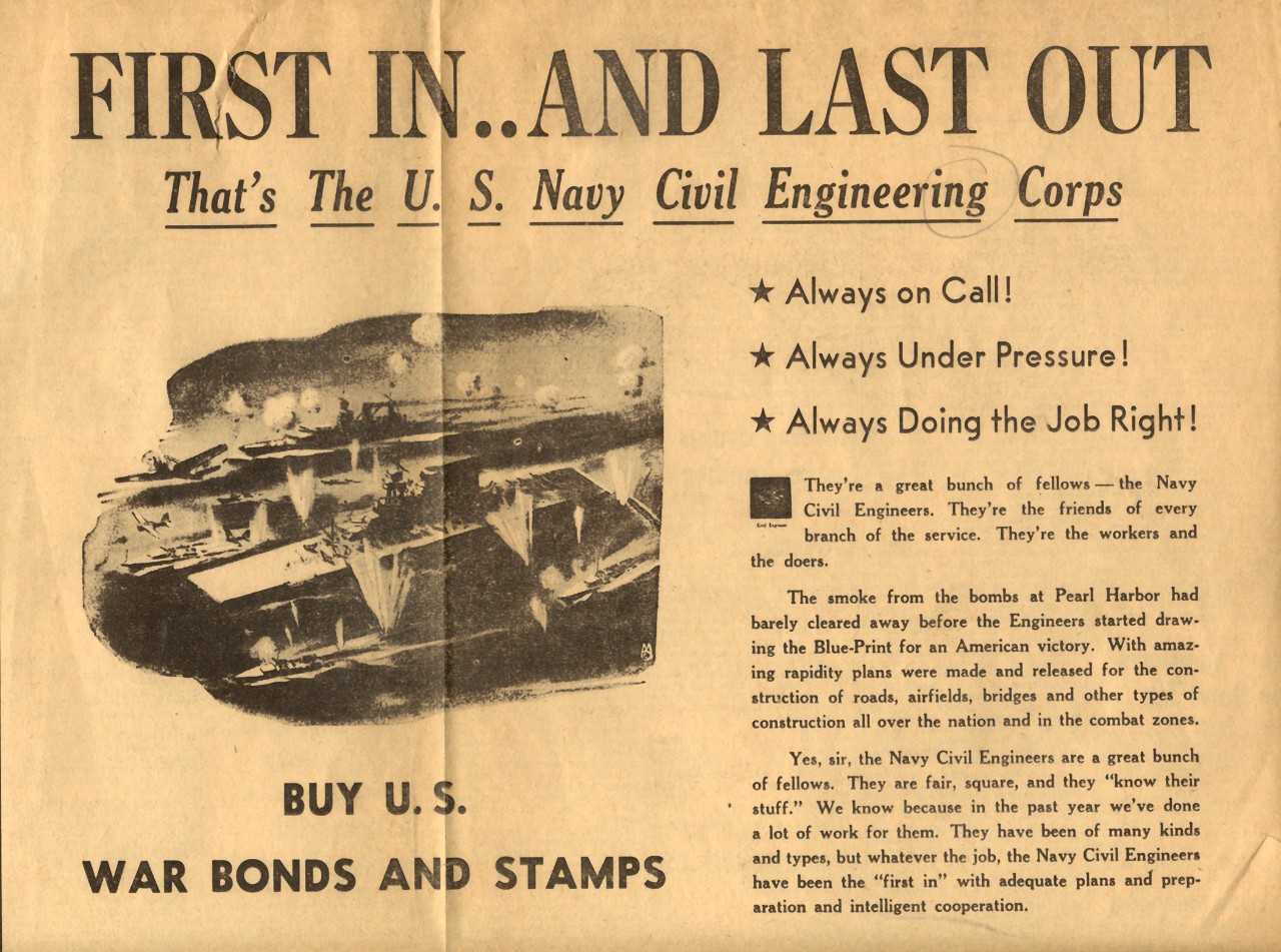 <p>First in...and Last Out: That's the US Navy Civil Engineering (sic) Corps, newspaper advertisement</p>
