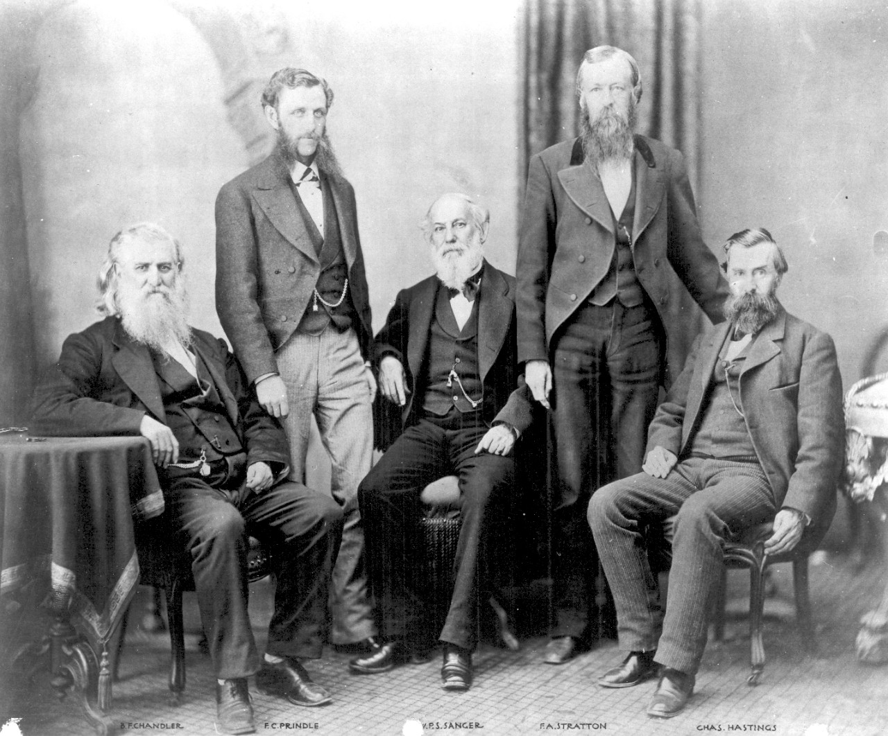 The first Navy Civil Engineer Corps officers: B.F. Chandler, F.C. Prindle, W.P.S. Sanger, F.A. Hastings, and Charles Hastings, c. 1860s. The Navy created the Civil Engineer Corps on March 2, 1867. The original duties of the Civil Engineer Corps included the charge, erection and repair of all buildings, docks, and wharves; supervising the architect, and directing all masters and other workers involved in building public works. Civil Engineer Corps officers were not required to wear a navy uniform until 1881 when the leaf insignia was created. 