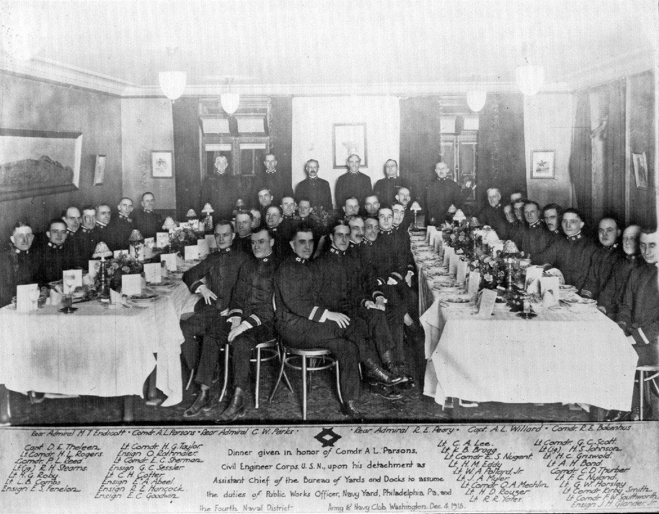 Officer’s Mess Night or “Dining-in” at the Army-Navy Club, Washington, D.C., December 4, 1913. The dinner was in honor of Commander Alan Parsons, CEC, USN, upon his detachment as Assistant Chief of the Bureau of Yards and Docks. Next, he assumed ...