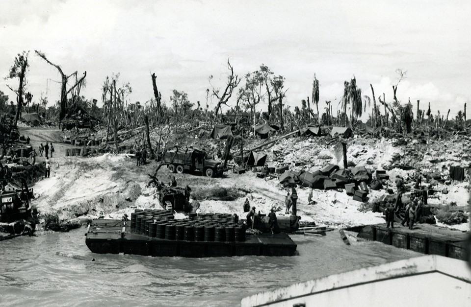 The LST loaded with equipment of the 1884th Engineer Aviation Battalion, nears the beachead on Angaur Island