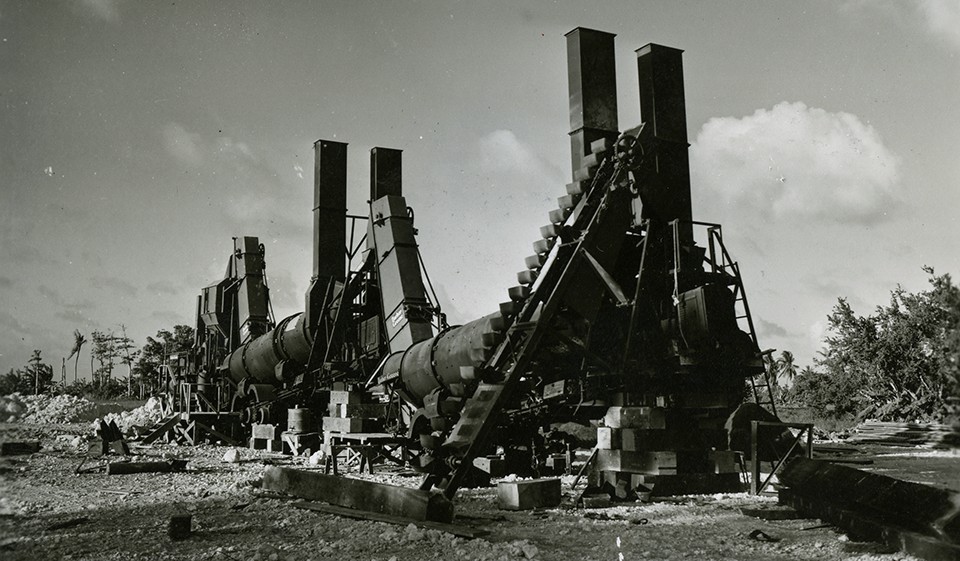Seabees with the 56th Naval Construction Battalion constructing an asphalt plant on Guam, 30 November 1944.