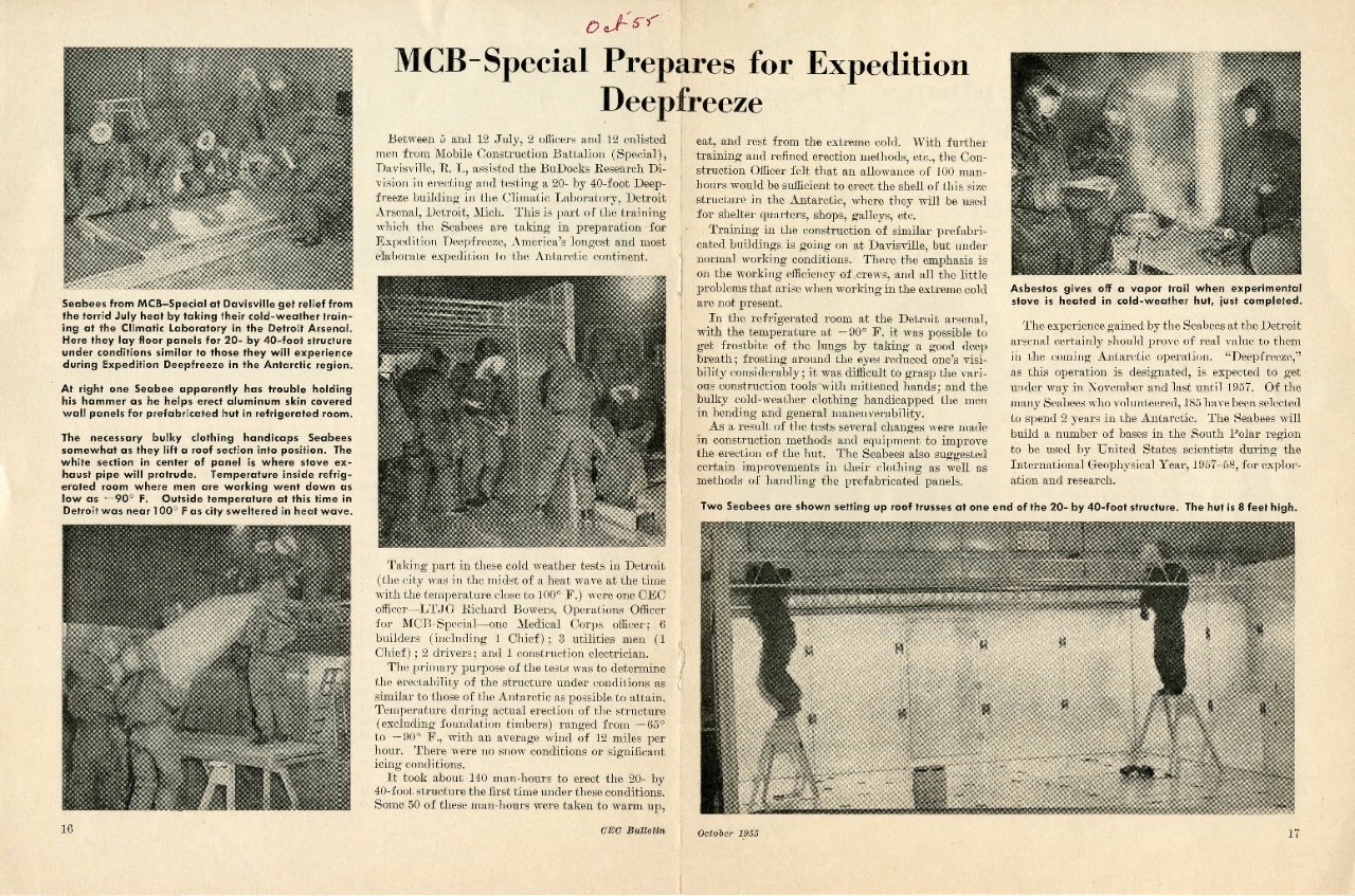 <p>Newspaper article reporting on Naval Mobile Construction Battalion Special preparing for Antarctica deployment, October, 1955</p>