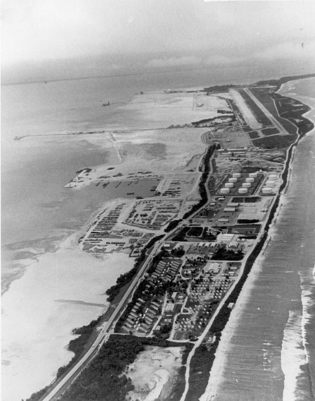 Black and white photograph of an aerial view of the runway built on Diego Garcia island, circa 1980s