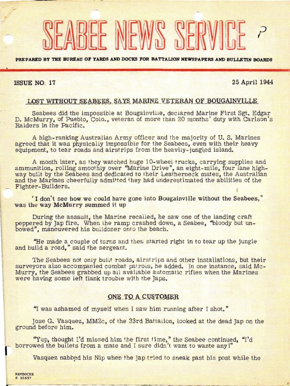 Front cover of Seabee News Service No. 17