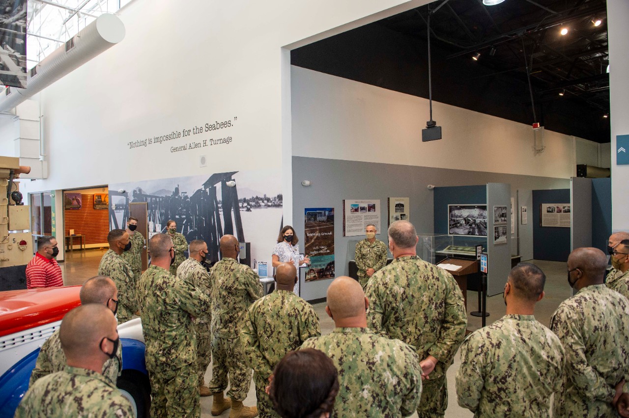 Opening of "Breaking Ground: Transforming the U.S. Navy Seabee Museum" on 26 August 2021. RADM John Korka, Chief of the Civil of the Civil Engineer Corps and Commander of Naval Facilities Engineering Command, and all of the Command Master Chiefs ...