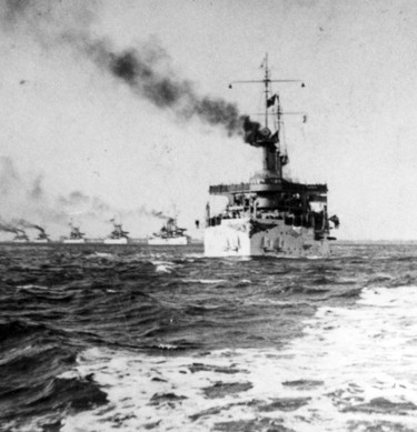 USS CONNECTICUT (BB-18) Leading the "Great White Fleet" to sea, circa December 1907.