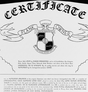 USNS RANGE SENTINEL (T-AGM-22) blank "plank owner" certificate, of 1970s vintage.