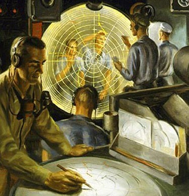 Painting of men in a covert operations center during WWII. 