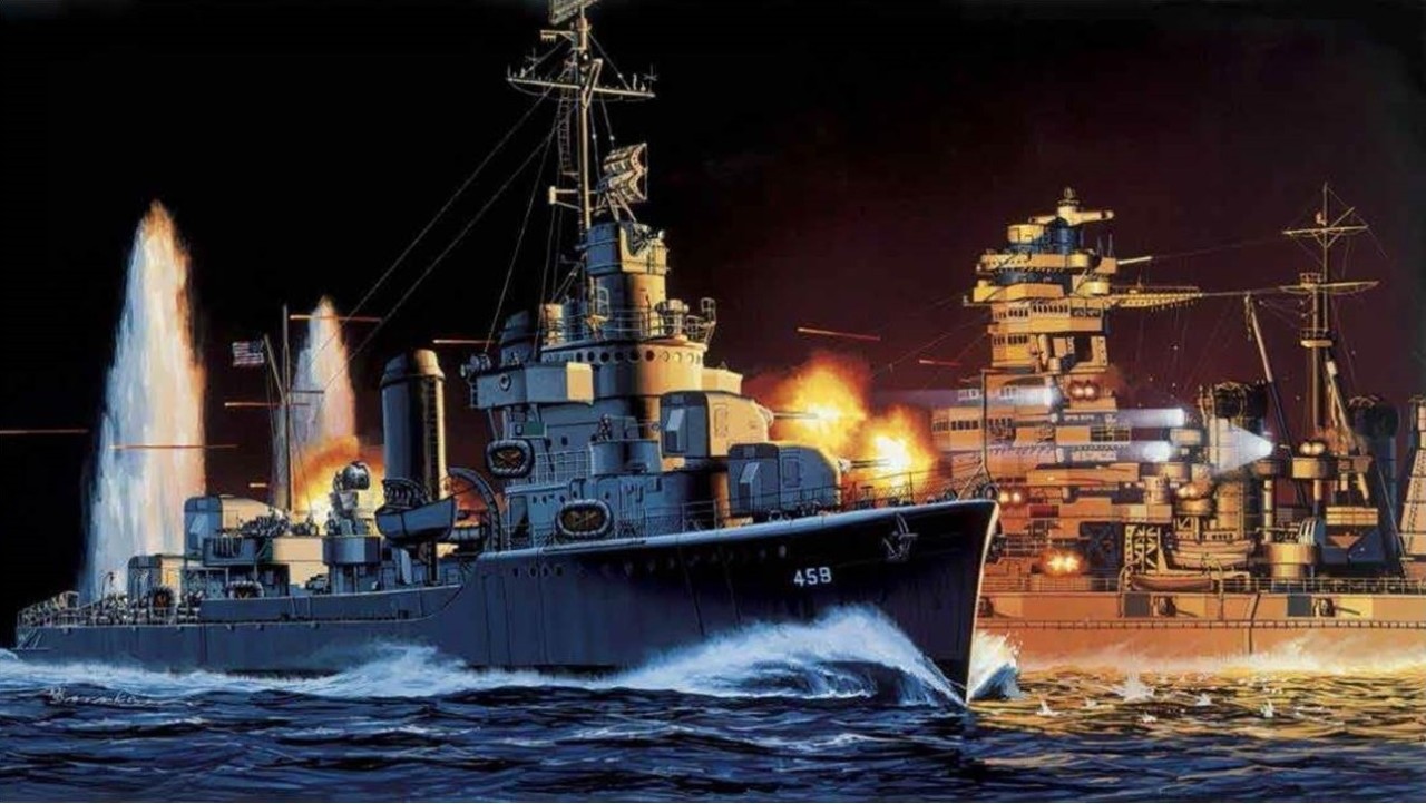 Navy Art Collection painting that depicts destroyer Laffey just after she has crossed under the Japanese battleship Hiei’s bow and is engaging the battleship with 5-inch and 20-mm guns—and sidearms—at near-point-blank range on 13 November 1942 off Guadalcanal.