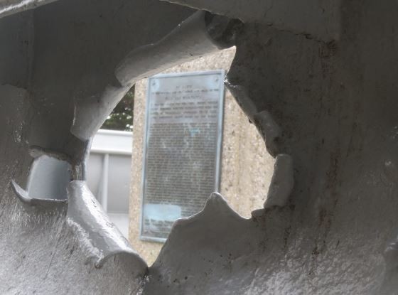 USS San Francisco Memorial in San Francisco, California, showing damage to her port bridge wing sustained on 13 November 1942. 