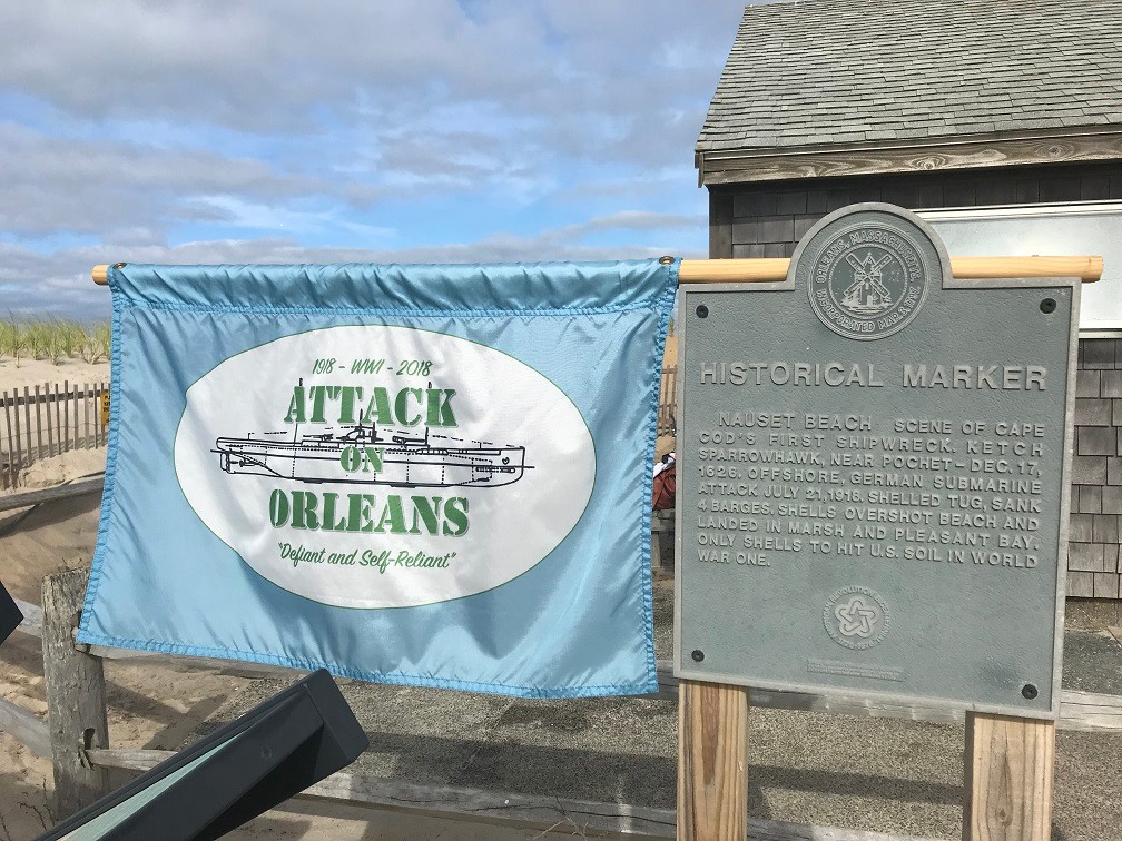 Historical marker commemorating 21 July 18 U-boat attack on Orleans, Massachusetts.